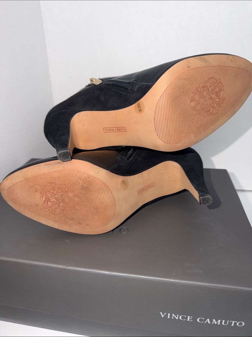 Vince Camuto Black Leather Ankle Booties with Gold Hardware-Sz 6/36 - Picture 7 of 9